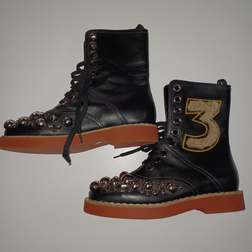 Miu MiuStudded Grommet Lace-Up black Leather Boot size 37.5/7.5